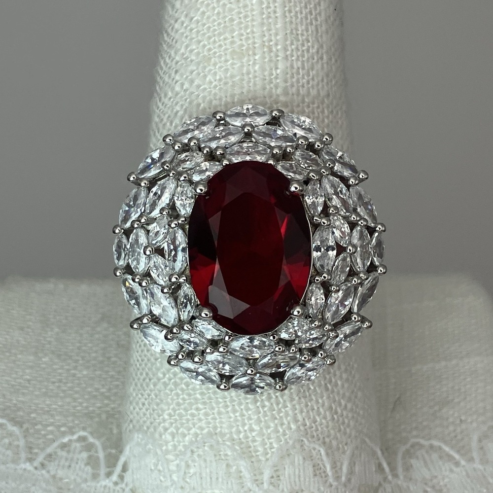 Elegant Bold Ring Red Oval Halo Cocktail Womens 10.25 Silver Tone Crystal Luxe